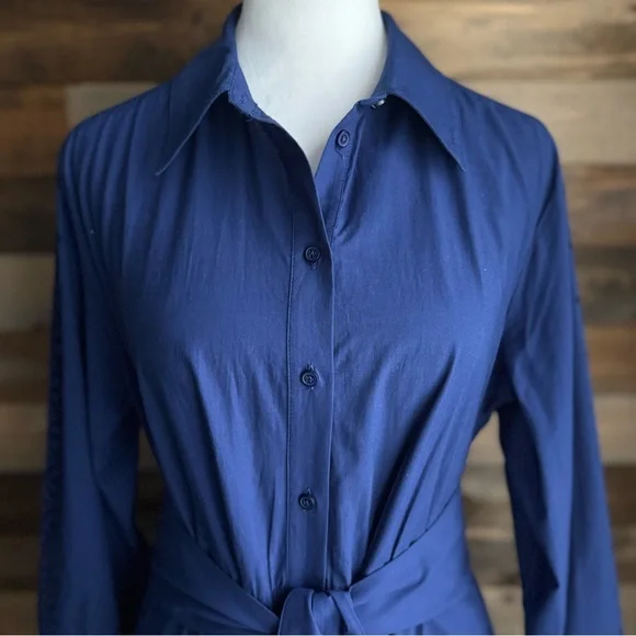 ME+EM Blue Cotton Broderie Shirt Dress Belted Maxi Eyelet Hem US 8 Quiet Luxury - Picture 4 of 16